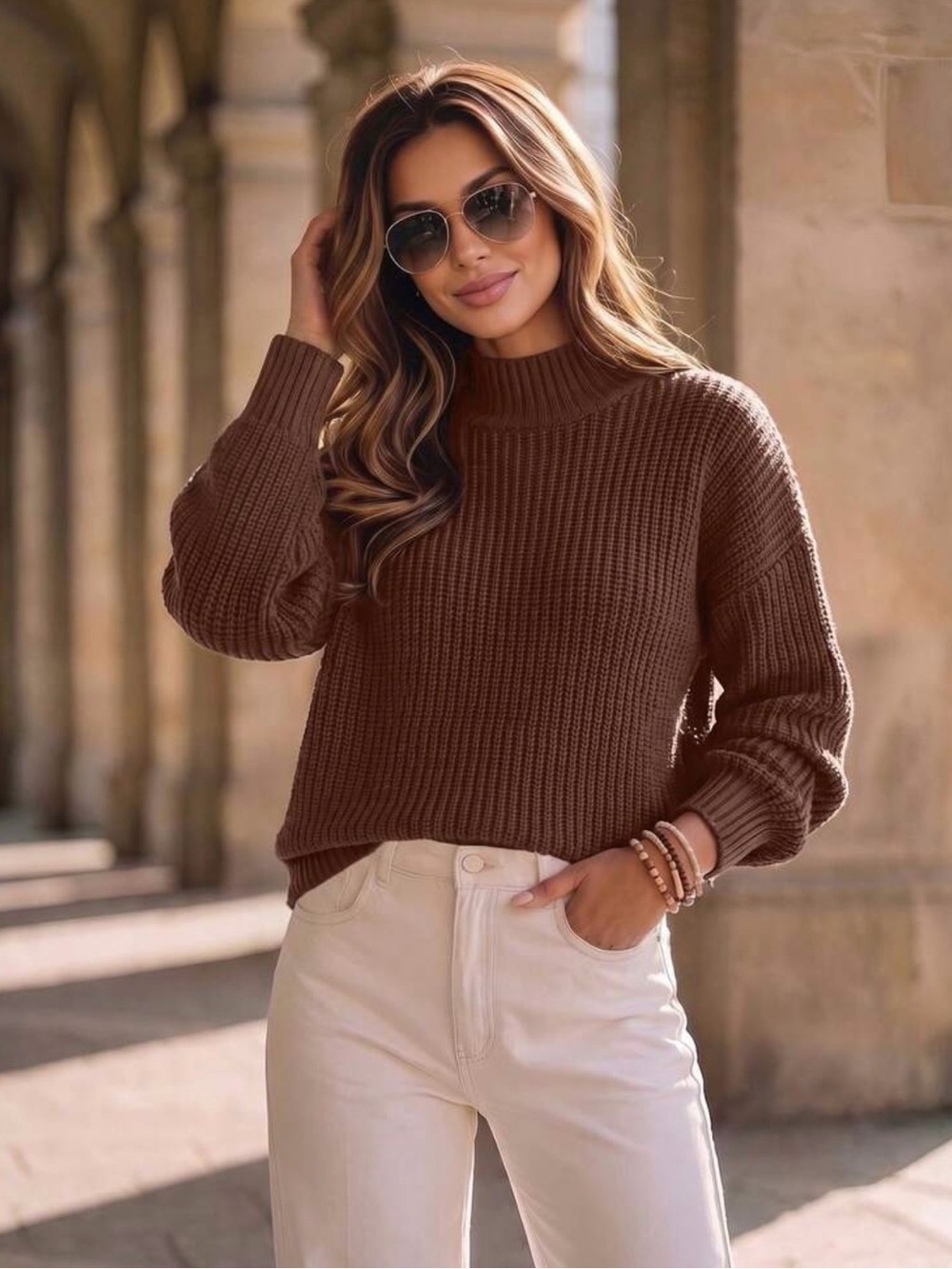 Brown Rib Knit Turtleneck Sweater Like New